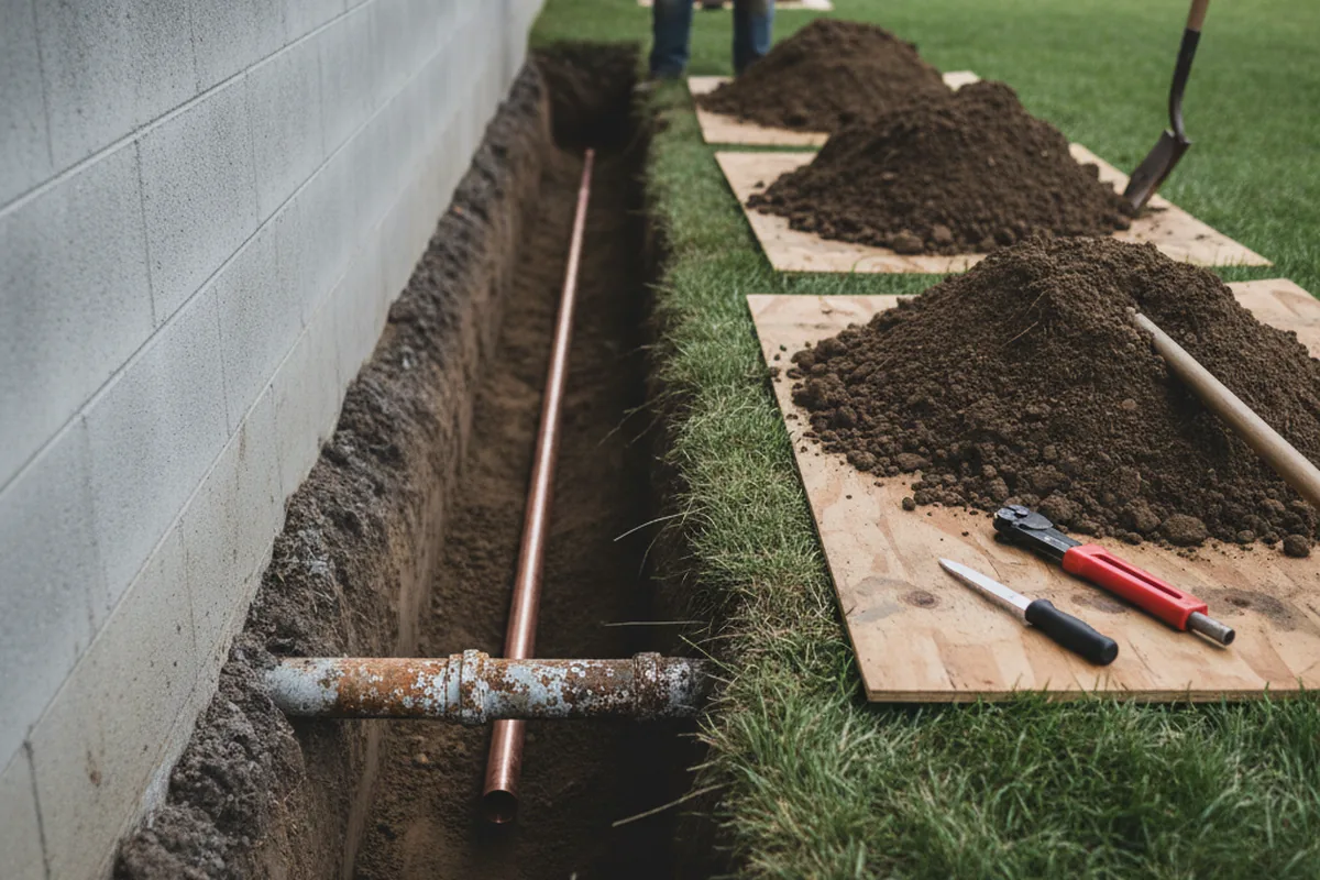 Excavated water line trench during Water Softener Installation in Resaca